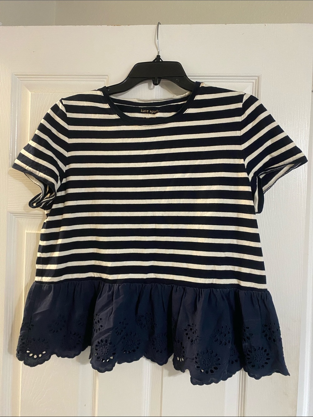 kate spade Navy and White Striped Peplum Tee with Eyelet Hem